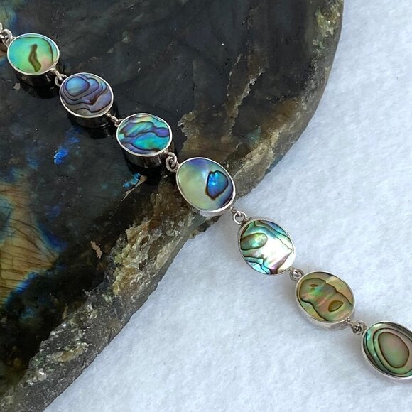 Sterling Silver 925 Oval Bezel Set Abalone Link Cable Chain Bracelet 6.5"- 7.75" - Picture 11 of 16